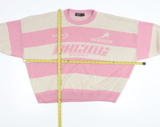 boohooMAN Men’s Pink Beige XL Striped Racing Pullover Jumper
