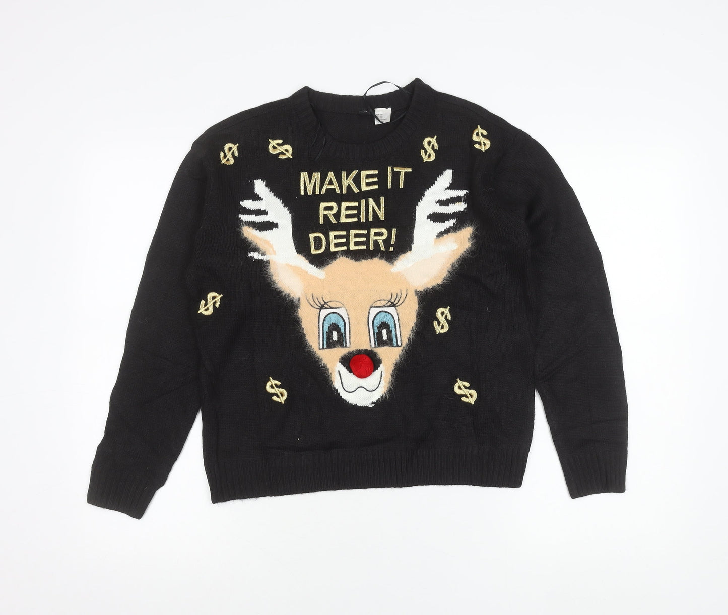 H&M Women Black XS Pullover Christmas Jumper Reindeer Embroidered