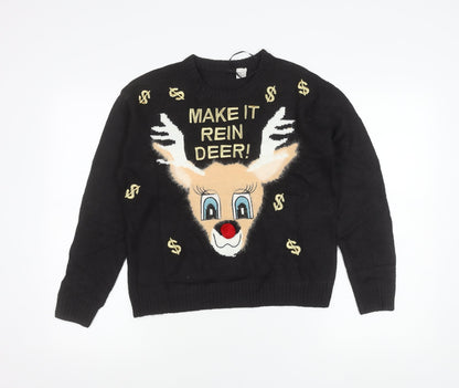 H&M Women Black XS Pullover Christmas Jumper Reindeer Embroidered