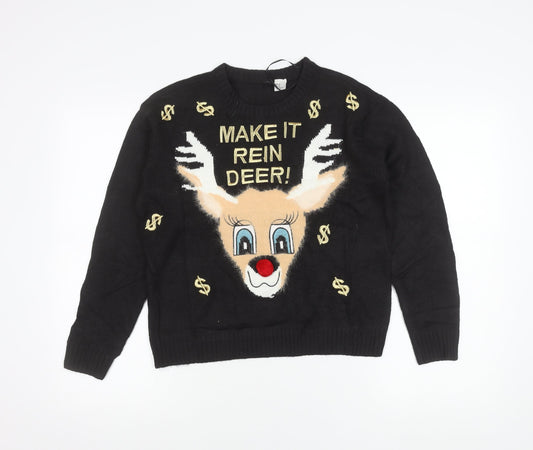 H&M Women Black XS Pullover Christmas Jumper Reindeer Embroidered