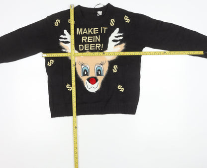 H&M Women Black XS Pullover Christmas Jumper Reindeer Embroidered
