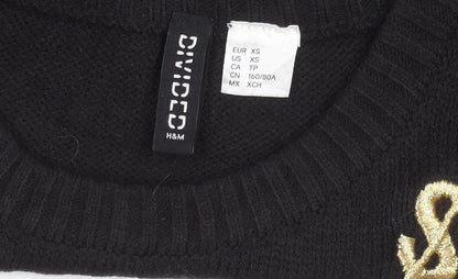 H&M Women Black XS Pullover Christmas Jumper Reindeer Embroidered