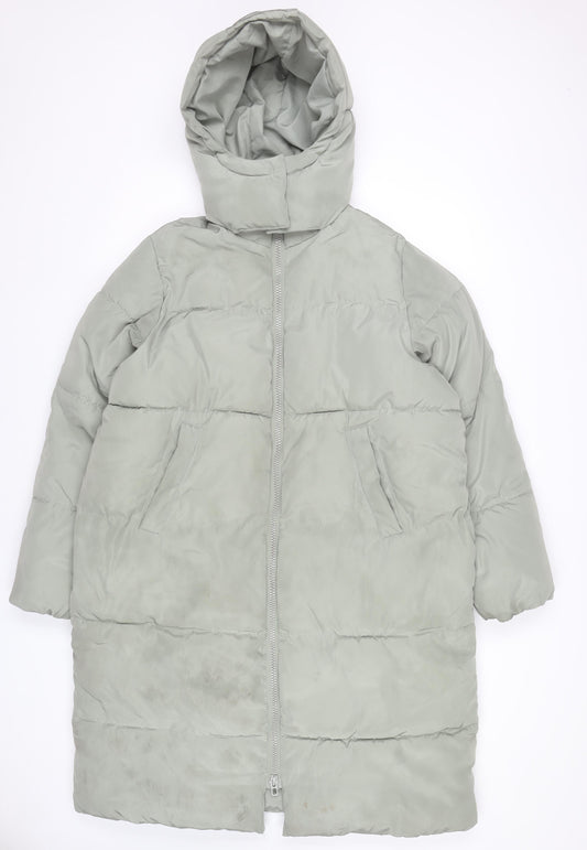 H&M Womens Grey Puffer Coat Size 8 Long Hooded Winter Jacket