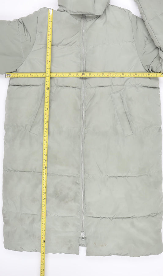 H&M Womens Grey Puffer Coat Size 8 Long Hooded Winter Jacket