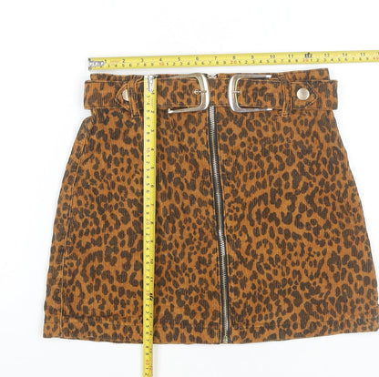 Topshop Women’s Brown Leopard Print Corduroy Skirt UK 8 Short High Waist
