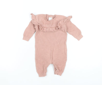 Mamas & Papas Girls Pink 0-3 Months Cotton Knit Ruffle Babygrow