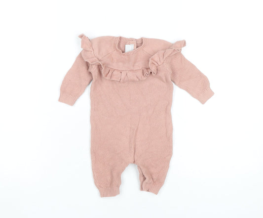Mamas & Papas Girls Pink 0-3 Months Cotton Knit Ruffle Babygrow