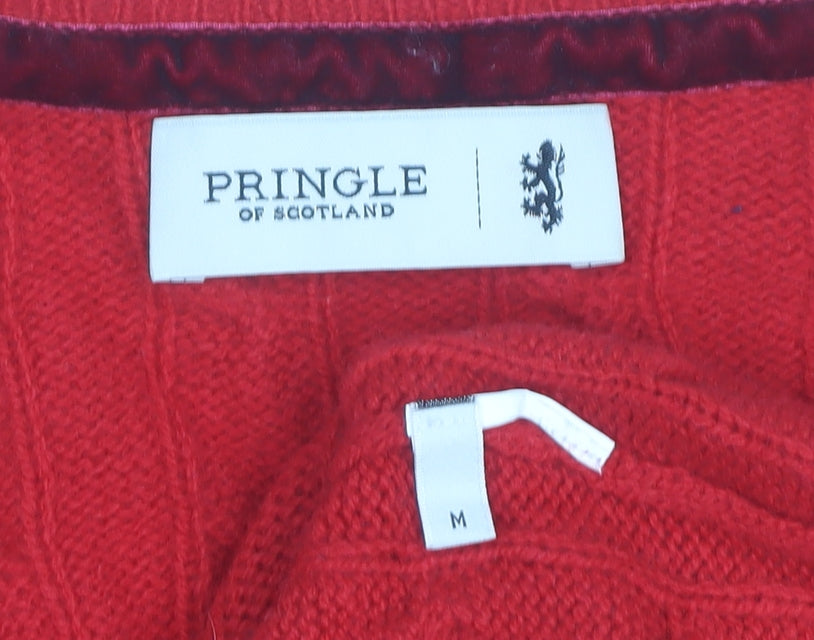 Pringle of Scotland Men’s Red Wool Cable Knit V-Neck Jumper Size M