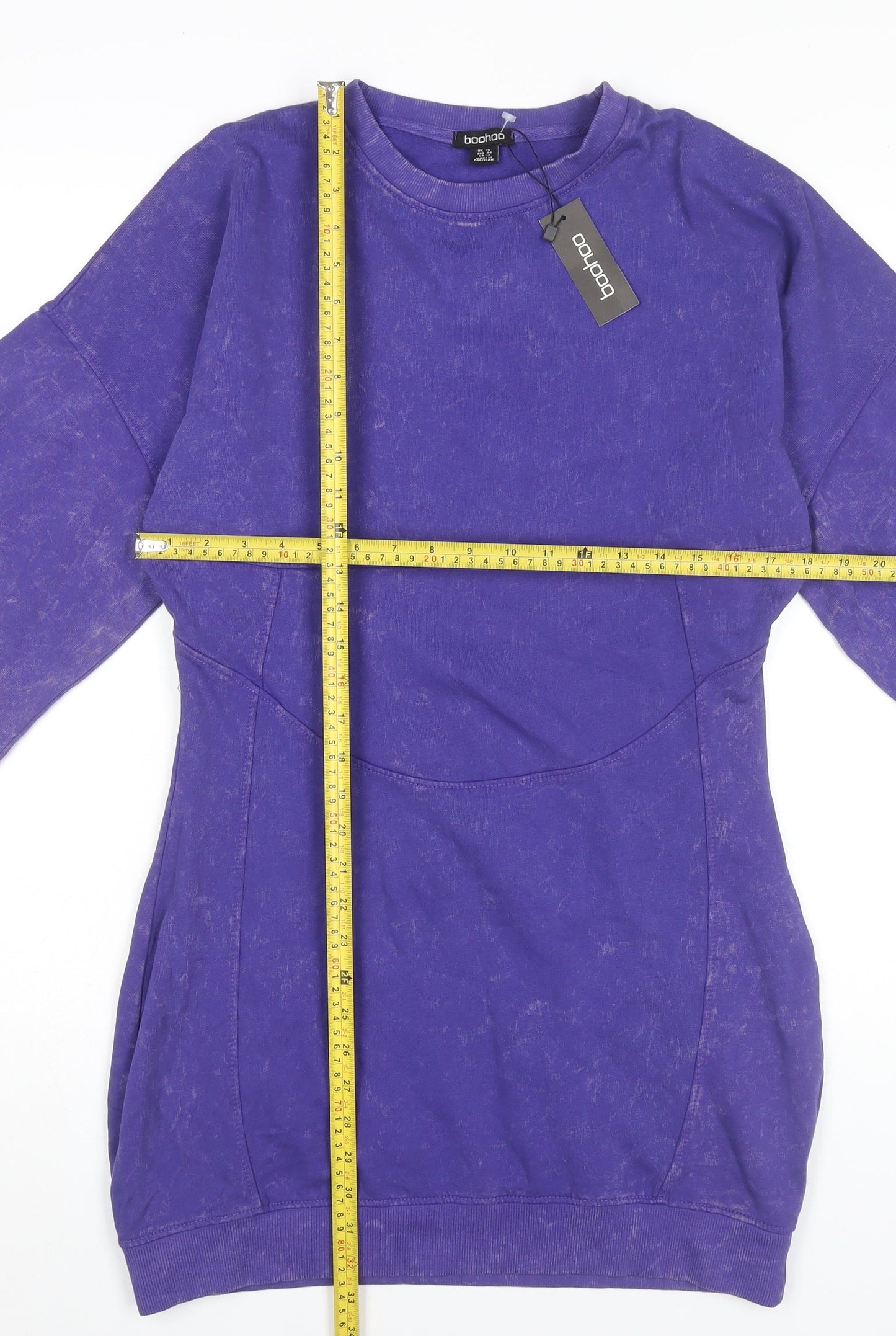 Boohoo Women Purple Size 16 Cotton Long Sleeve T-Shirt Dress