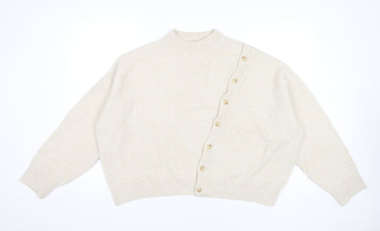 MNG Women’s Beige Mock Neck Button Cardigan Jumper Size 12