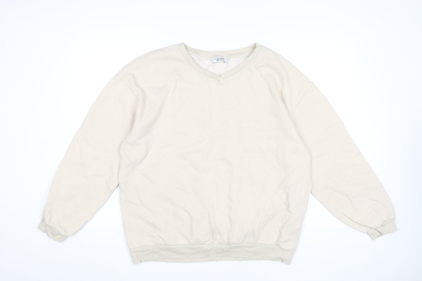 Quzen Women’s Beige V-Neck Sweatshirt UK 12 Cotton Blend Pullover