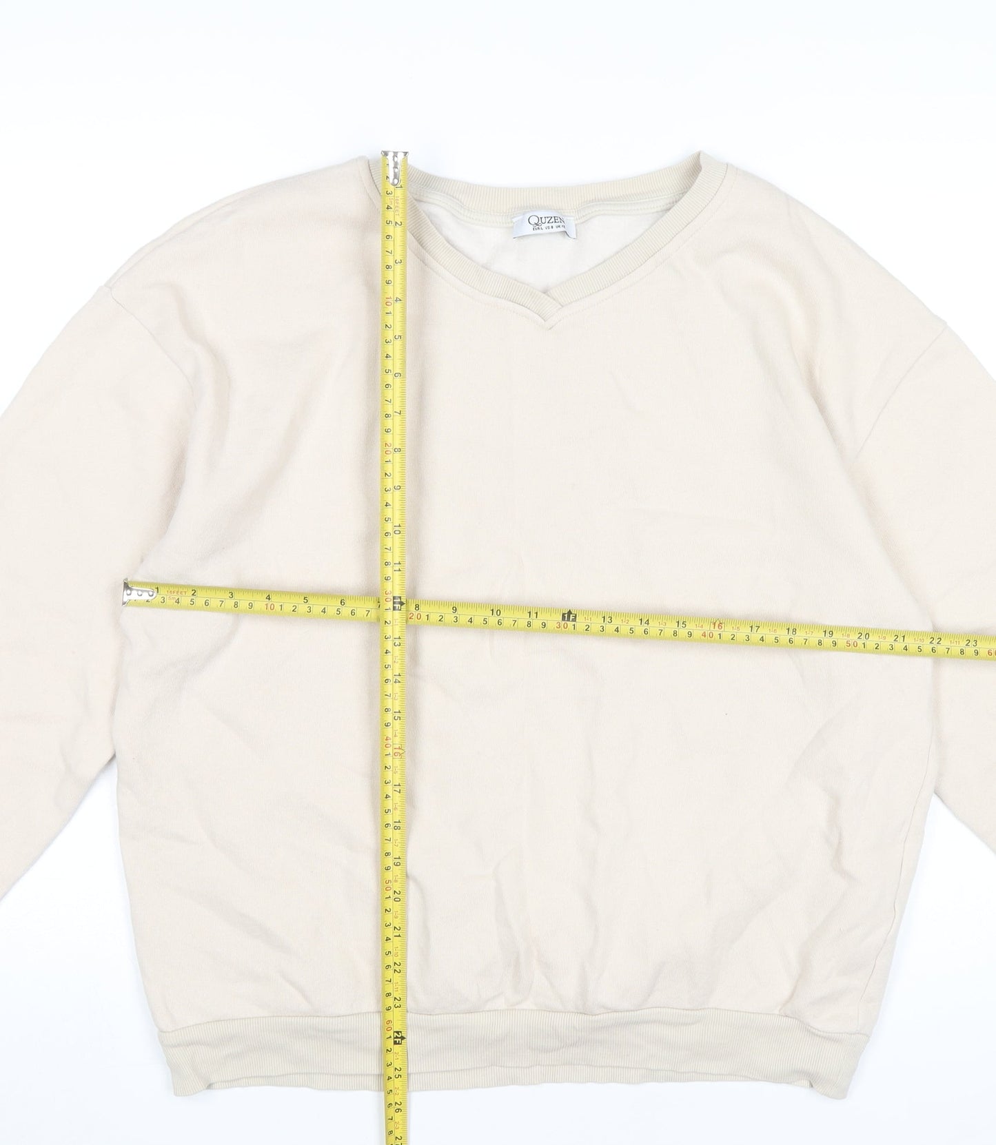 Quzen Women’s Beige V-Neck Sweatshirt UK 12 Cotton Blend Pullover