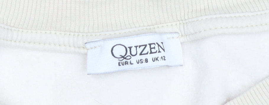Quzen Women’s Beige V-Neck Sweatshirt UK 12 Cotton Blend Pullover
