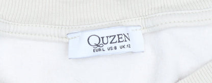 Quzen Women’s Beige V-Neck Sweatshirt UK 12 Cotton Blend Pullover