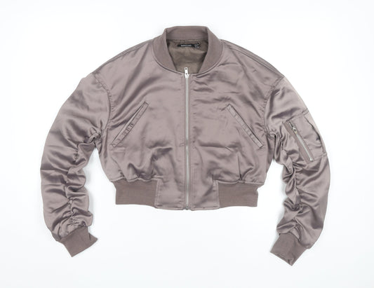 Boohoo Women’s Grey Bomber Jacket UK 12 Cropped Satin Zip Casual