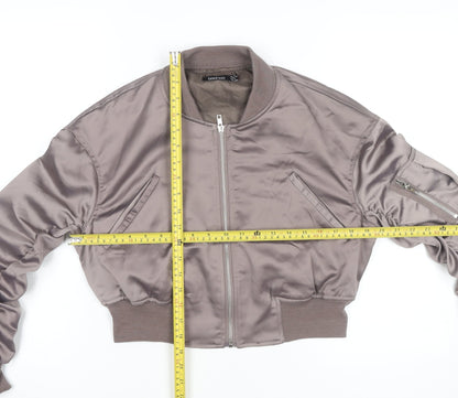 Boohoo Women’s Grey Bomber Jacket UK 12 Cropped Satin Zip Casual