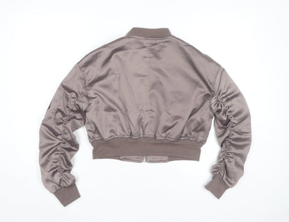 Boohoo Women’s Grey Bomber Jacket UK 12 Cropped Satin Zip Casual