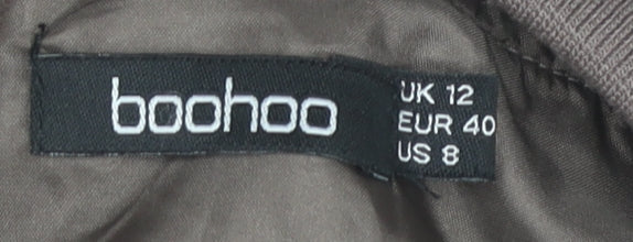 Boohoo Women’s Grey Bomber Jacket UK 12 Cropped Satin Zip Casual