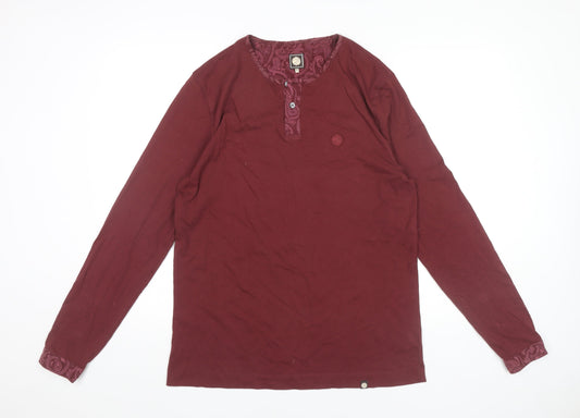 Pretty Green Men's Red Long Sleeve Henley Cotton T-Shirt Size M