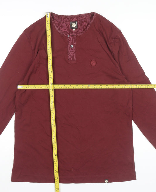 Pretty Green Men's Red Long Sleeve Henley Cotton T-Shirt Size M
