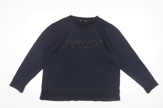 DKNY Womens Black Logo Sequin Pullover Sweatshirt Size L