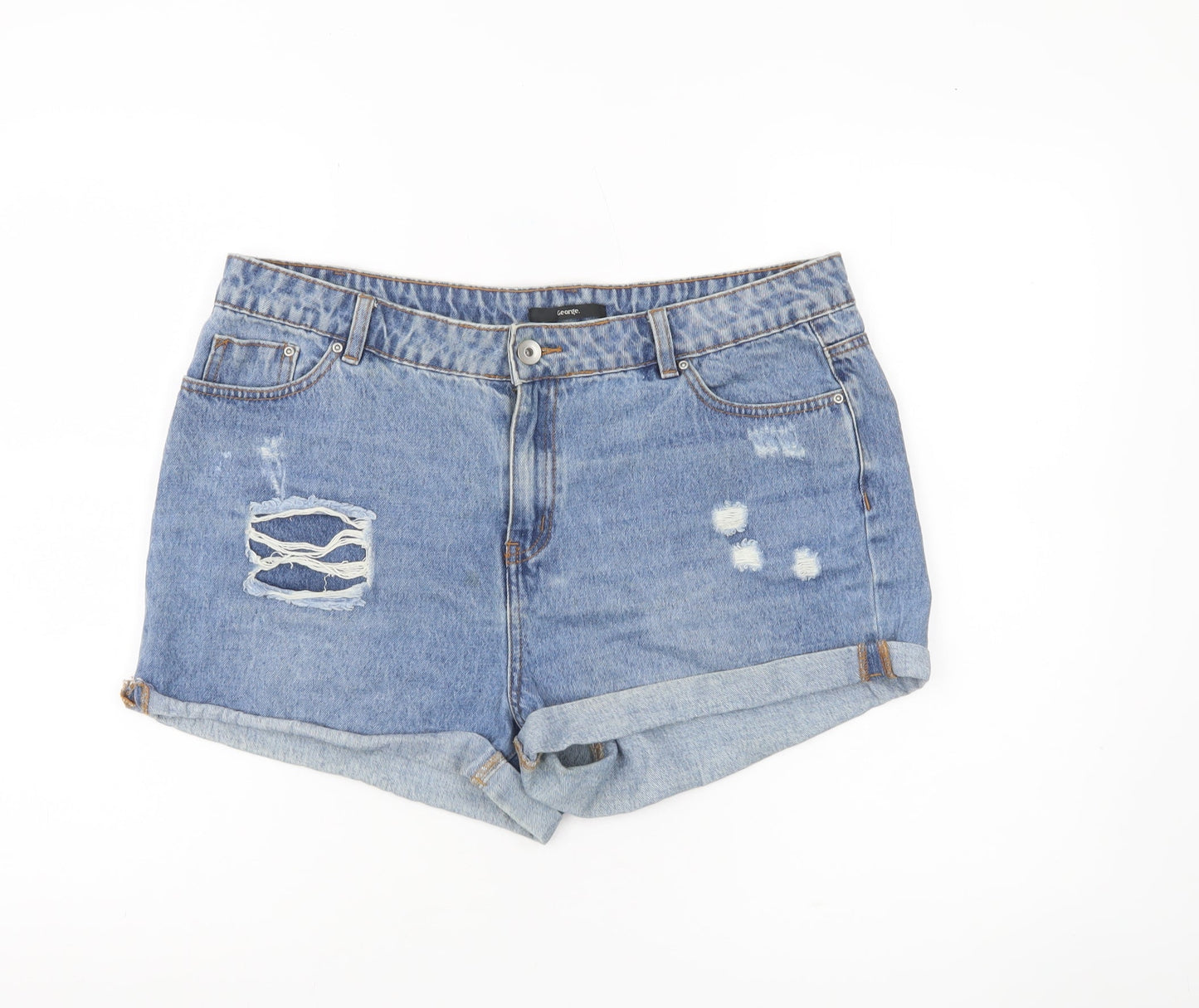 George Women’s Blue Denim Boyfriend Shorts UK 14 Casual Distressed