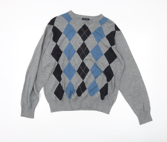 Dockers Men’s Grey Argyle Cotton Jumper M Classic Pullover