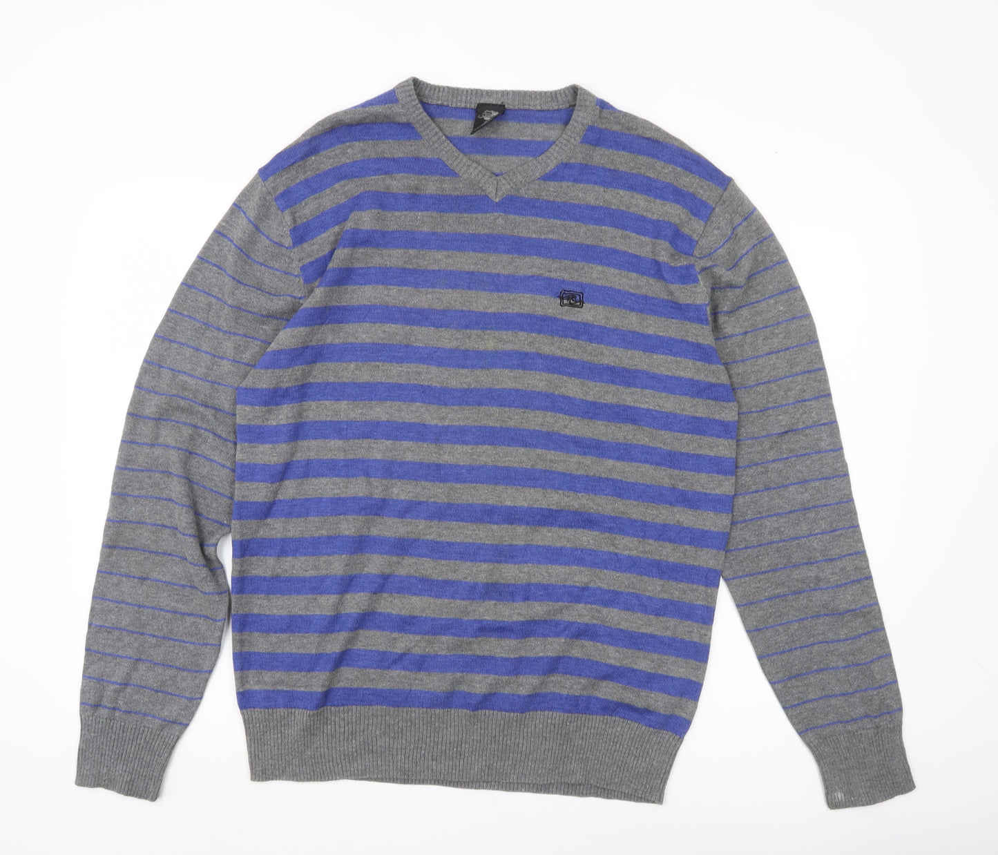 Meaty's Mens Grey Blue Striped V-Neck Pullover Jumper Size M