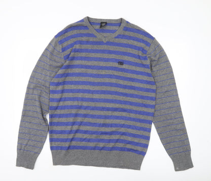Meaty's Mens Grey Blue Striped V-Neck Pullover Jumper Size M