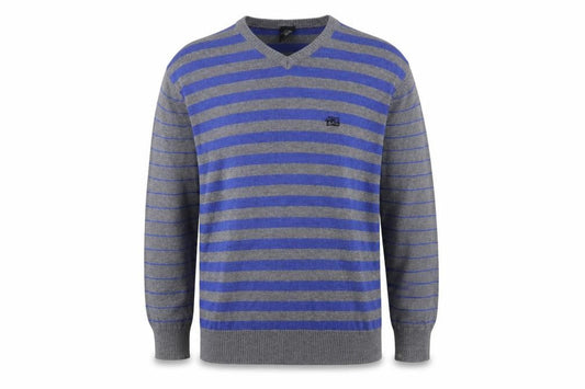 Meaty's Mens Grey Blue Striped V-Neck Pullover Jumper Size M
