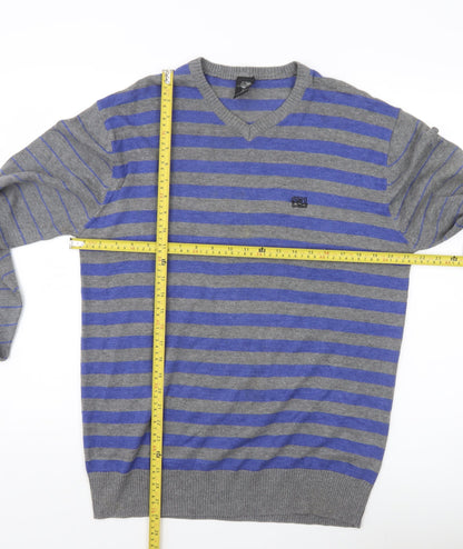 Meaty's Mens Grey Blue Striped V-Neck Pullover Jumper Size M