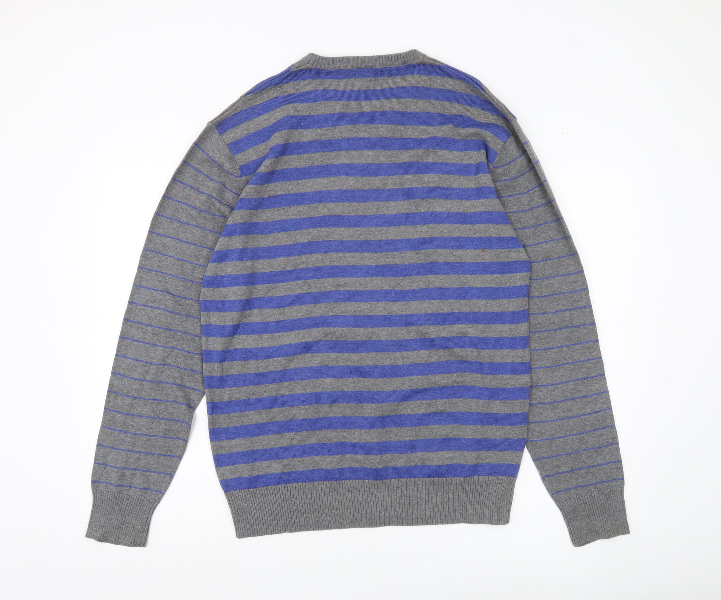 Meaty's Mens Grey Blue Striped V-Neck Pullover Jumper Size M