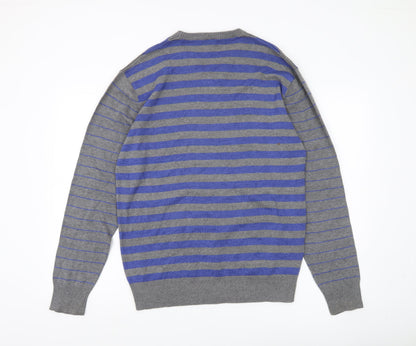 Meaty's Mens Grey Blue Striped V-Neck Pullover Jumper Size M