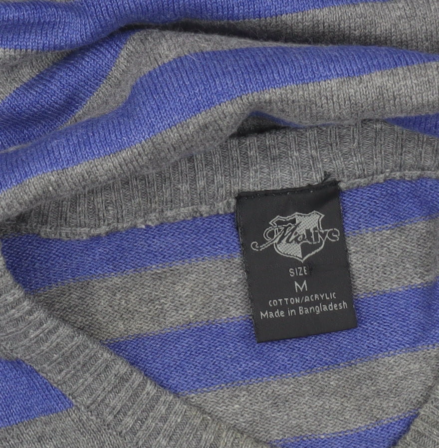 Meaty's Mens Grey Blue Striped V-Neck Pullover Jumper Size M