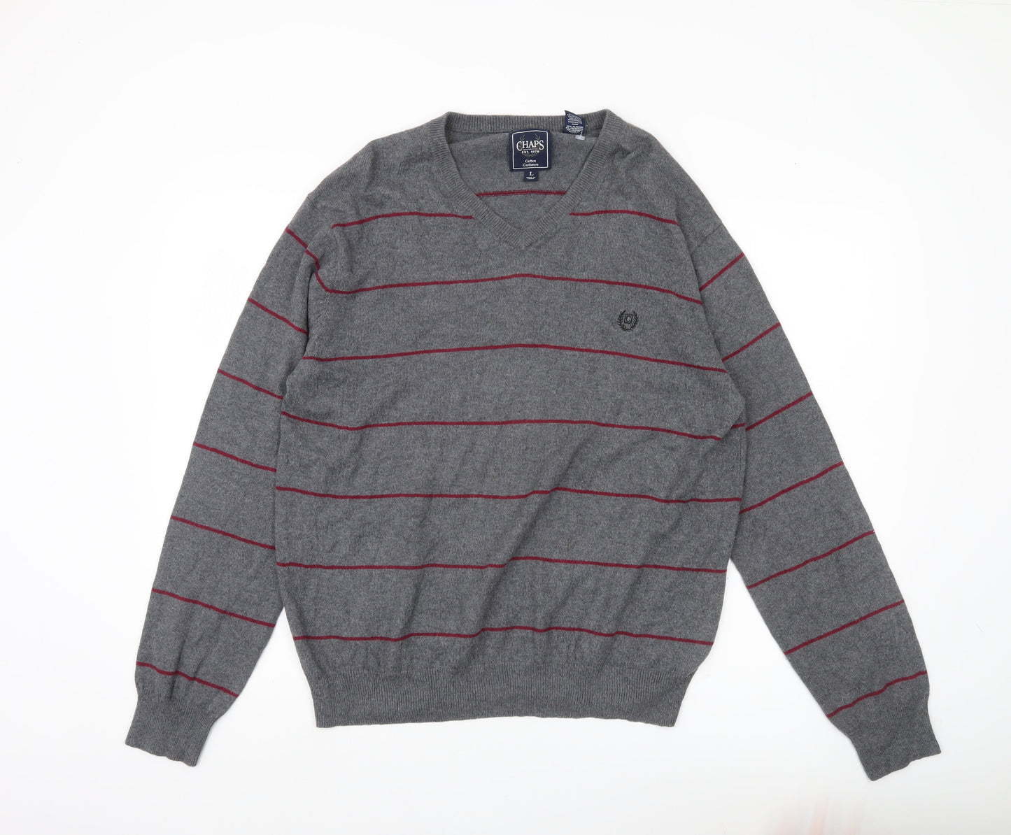 Chaps Men’s Grey Striped Cotton Cashmere V-Neck Jumper Size L