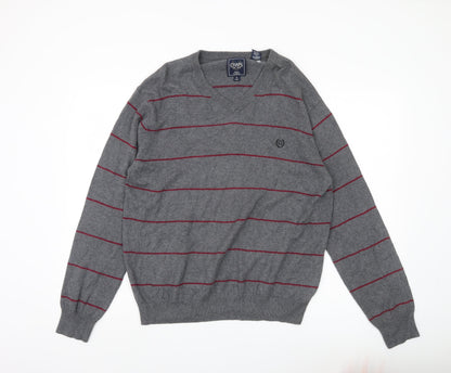 Chaps Men’s Grey Striped Cotton Cashmere V-Neck Jumper Size L