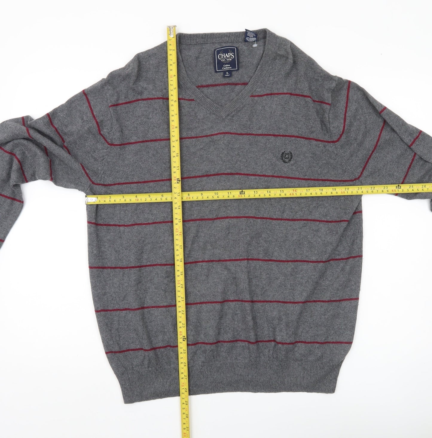 Chaps Men’s Grey Striped Cotton Cashmere V-Neck Jumper Size L