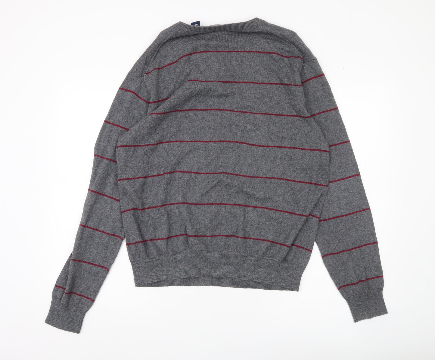 Chaps Men’s Grey Striped Cotton Cashmere V-Neck Jumper Size L