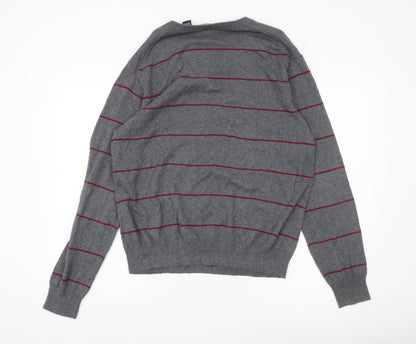 Chaps Men’s Grey Striped Cotton Cashmere V-Neck Jumper Size L