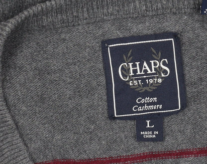 Chaps Men’s Grey Striped Cotton Cashmere V-Neck Jumper Size L
