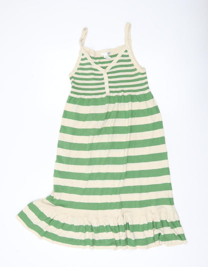 H&M Women’s Green Beige Striped Cotton Slip Dress Size 12 Summer