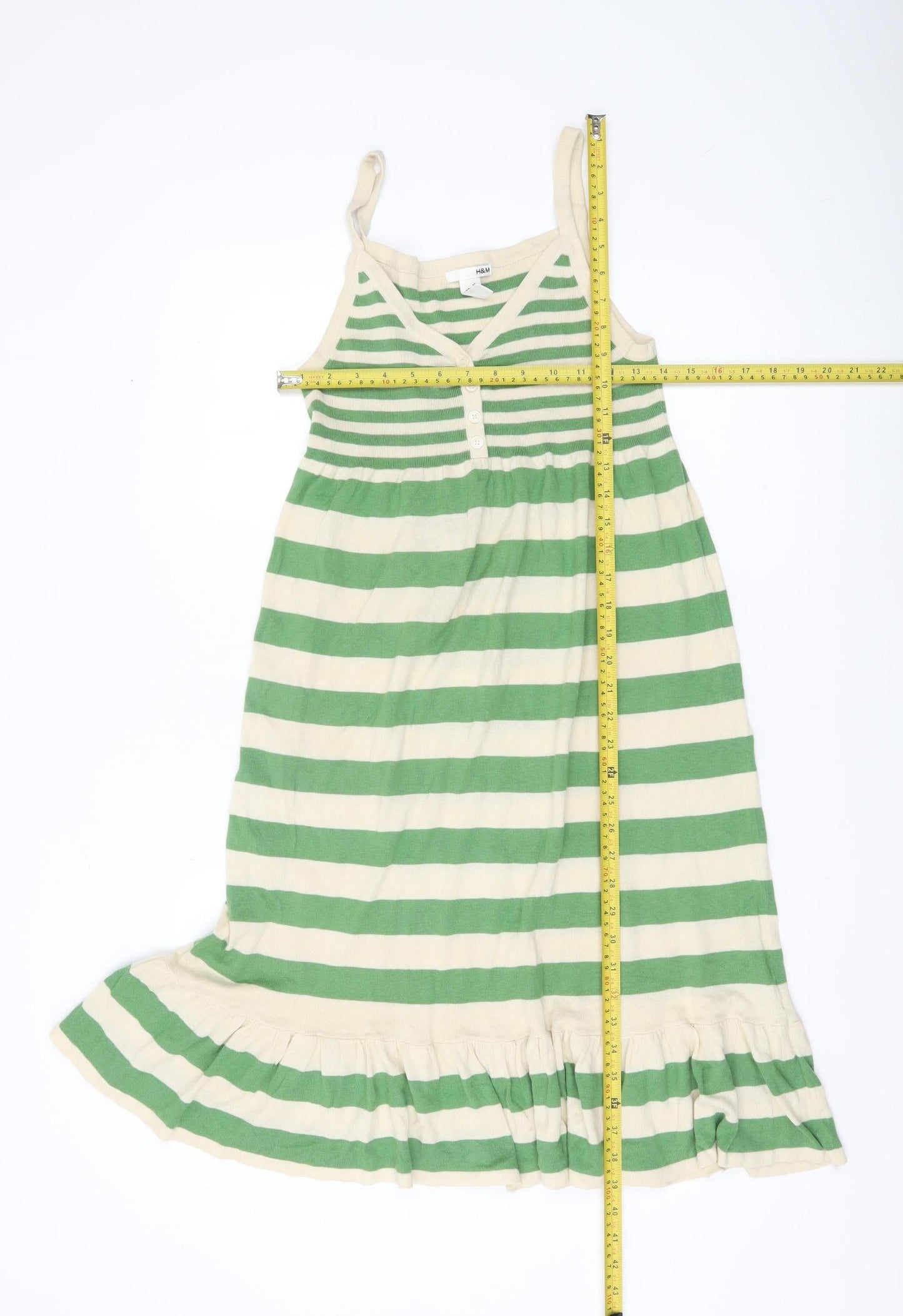 H&M Women’s Green Beige Striped Cotton Slip Dress Size 12 Summer