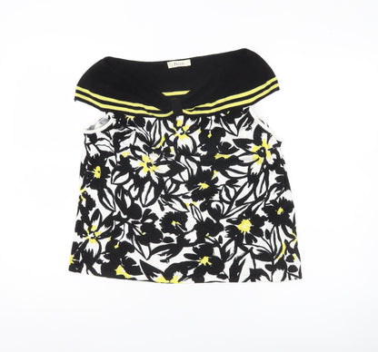 Precis Womens Black White Yellow Floral Sleeveless Tunic Blouse L