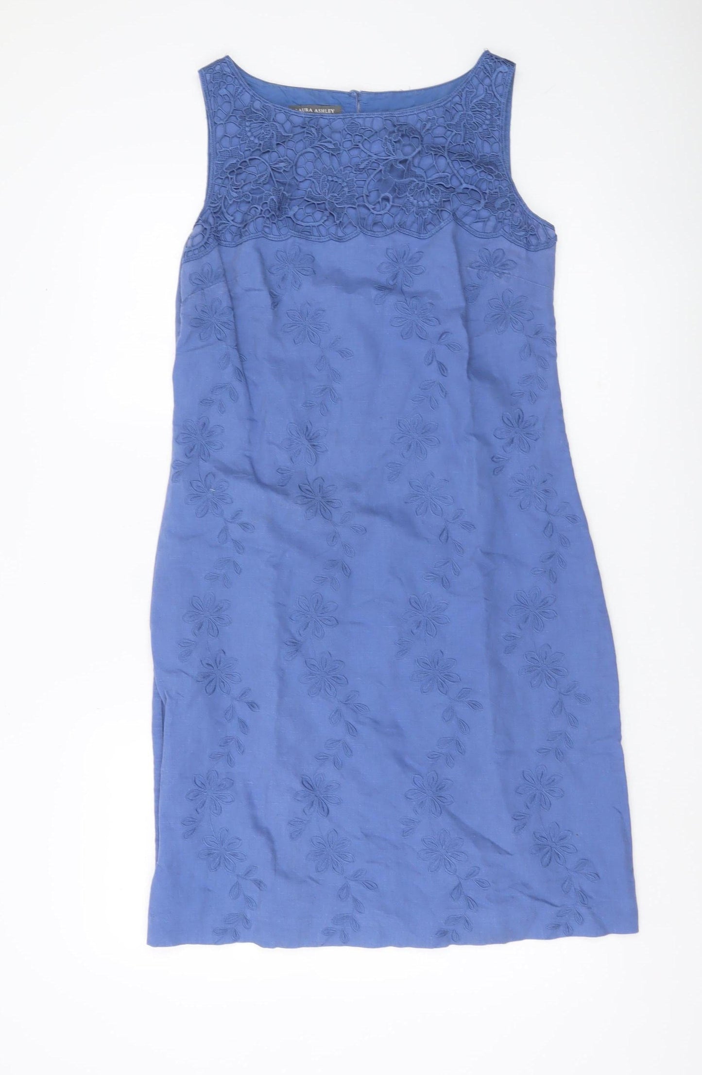 Laura Ashley Women’s Blue Linen Cotton Embroidered Sheath Dress UK 10
