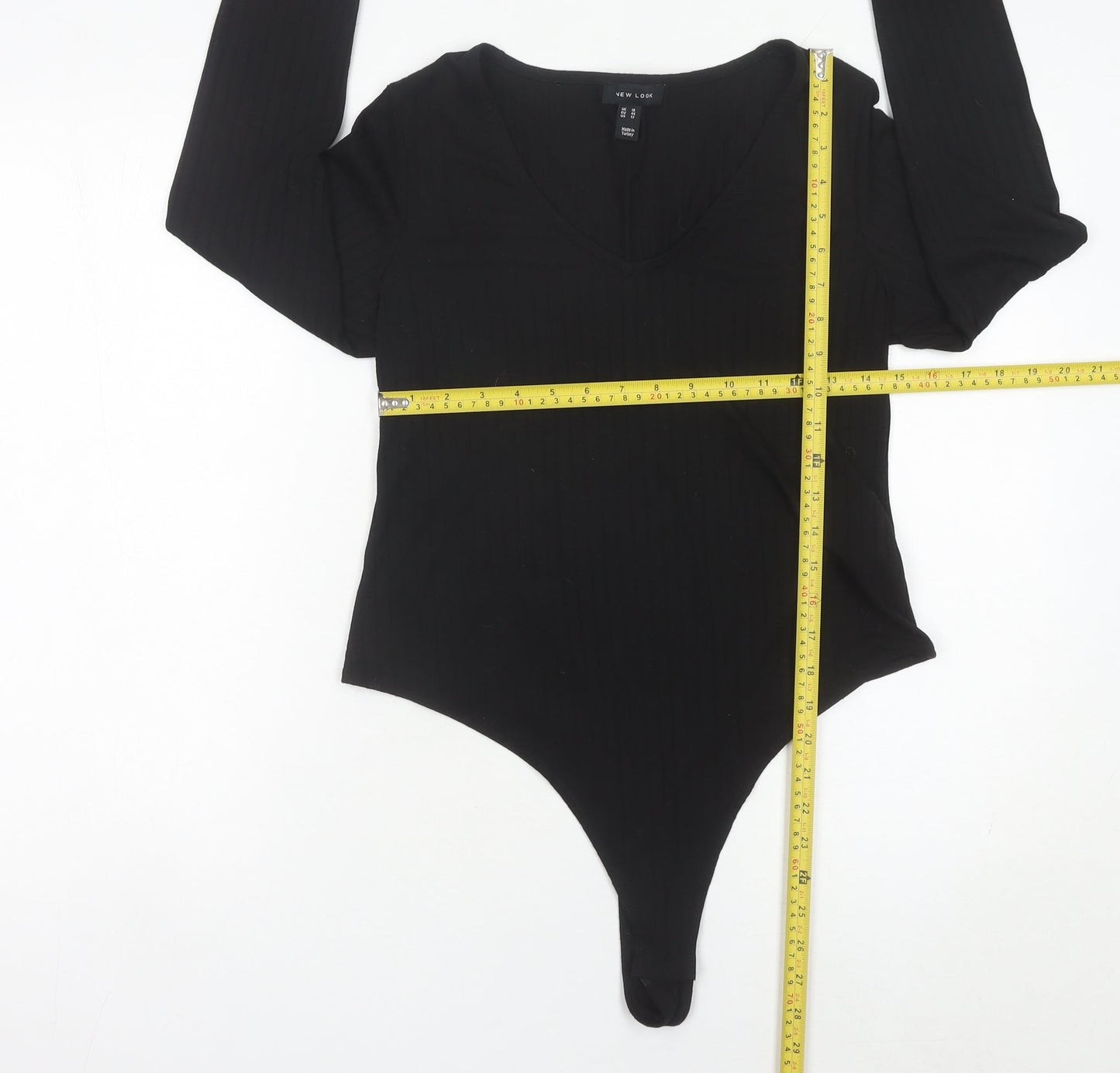 New Look Women Black Bodysuit Size 16 Long Sleeve V-Neck Stretch