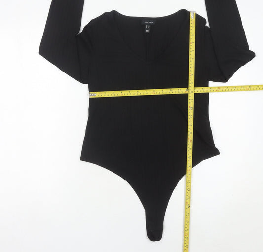 New Look Women Black Bodysuit Size 16 Long Sleeve V-Neck Stretch