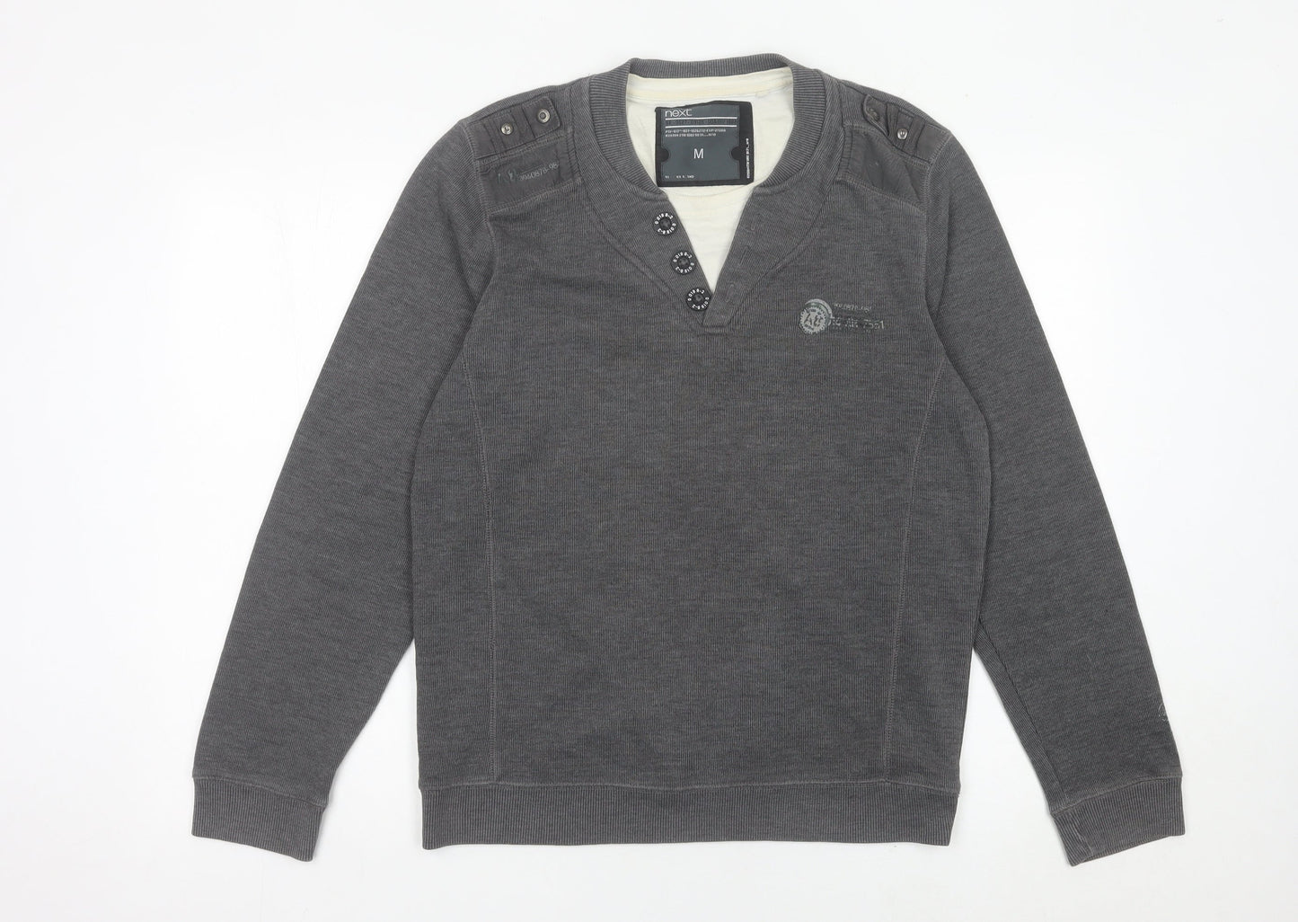 Next Mens Grey Henley Jumper Size M Cotton Blend Long Sleeve