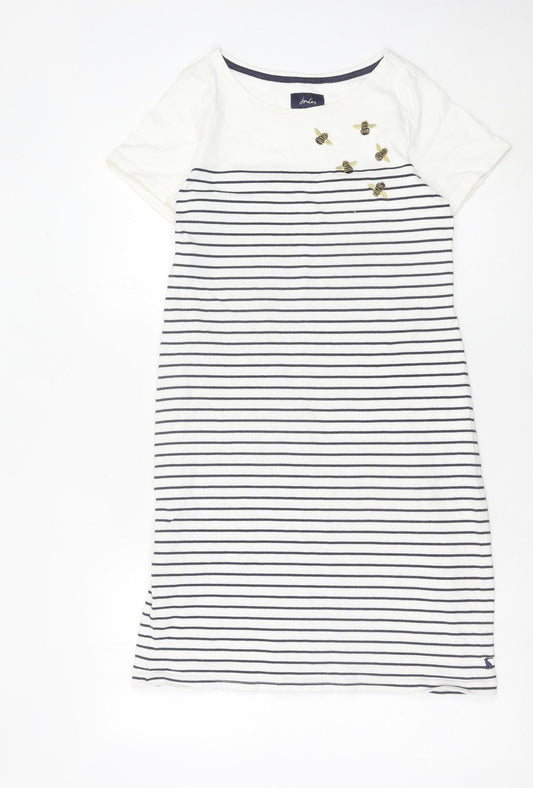 Joules Women’s White Striped T-Shirt Dress Size 10 Casual Embroidered