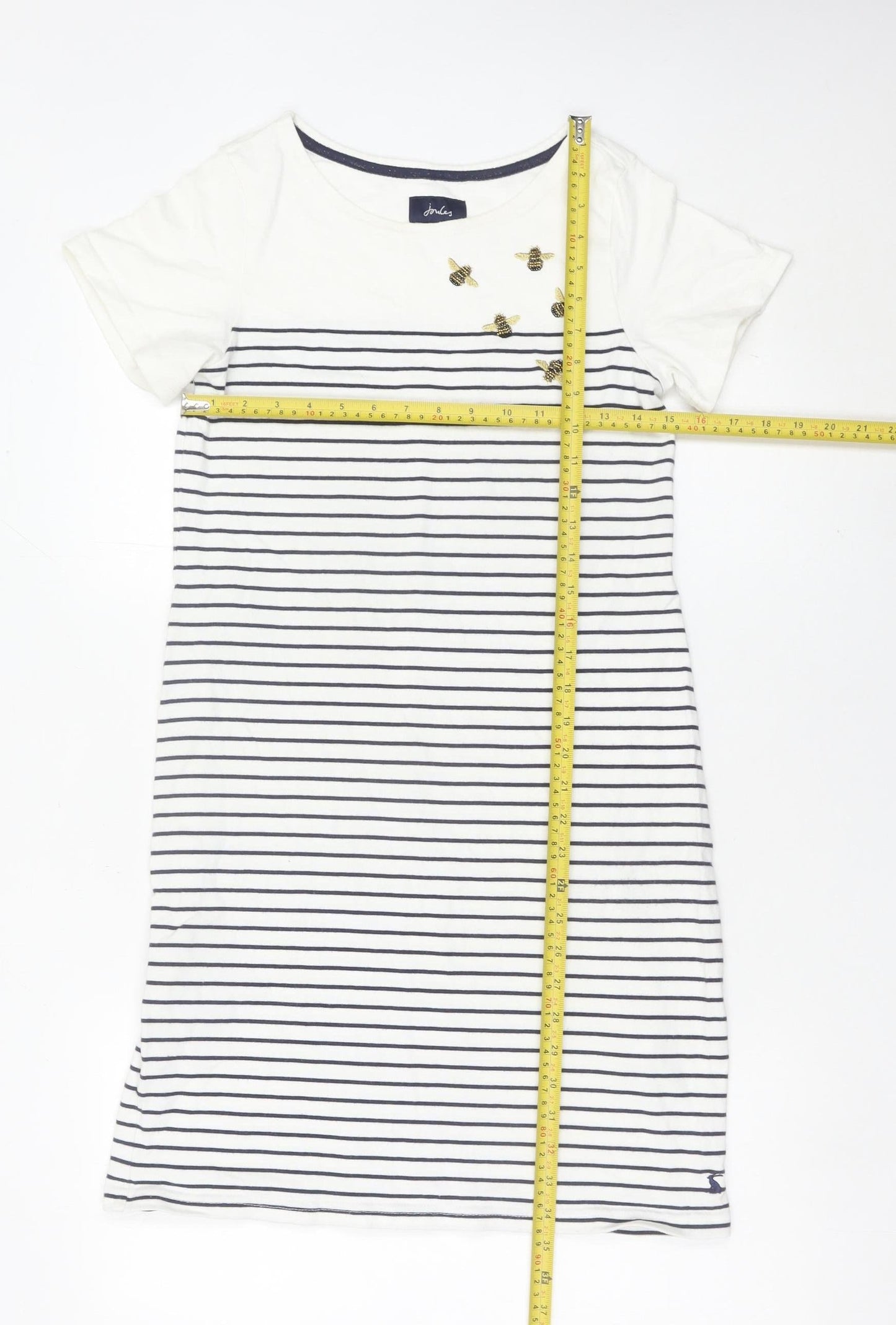 Joules Women’s White Striped T-Shirt Dress Size 10 Casual Embroidered