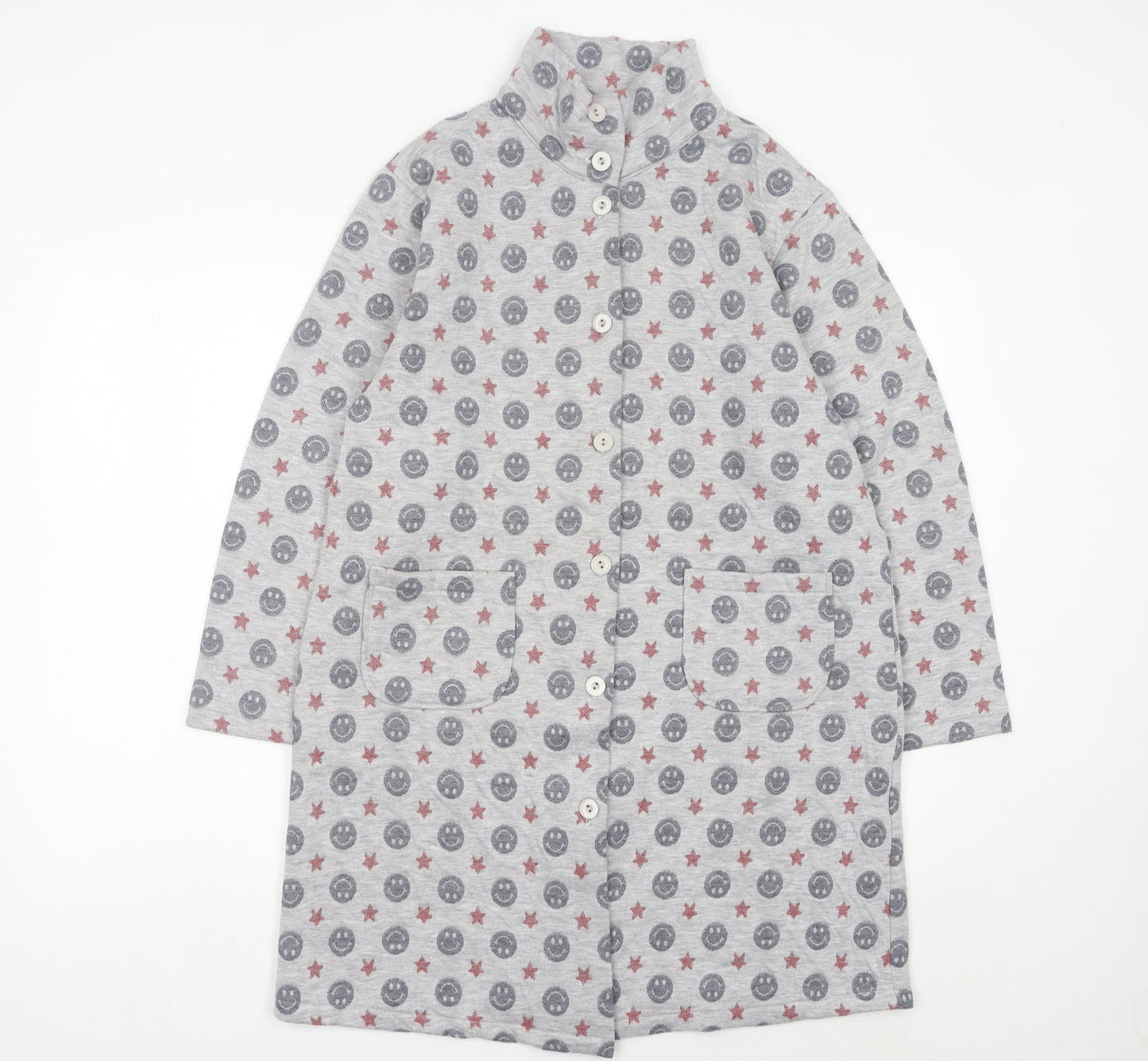 LEONA Women’s Grey Coatigan L Smiley Star Print Mid-Length Jacket